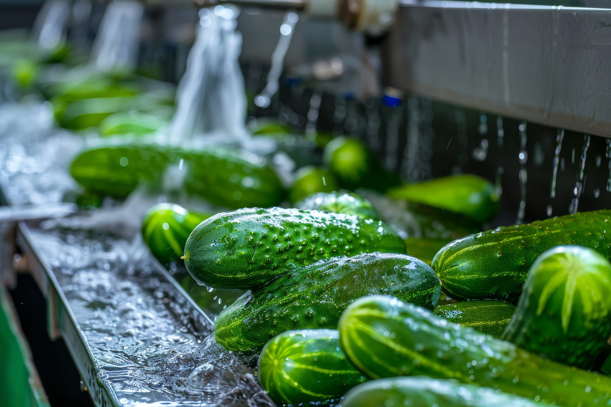 Washing Many Cucumbers, Cucumbers Automated Washing Line, Vegetable Sorting on Conveyor, Food Industry, Automatic Technology, Generative AI Illustration