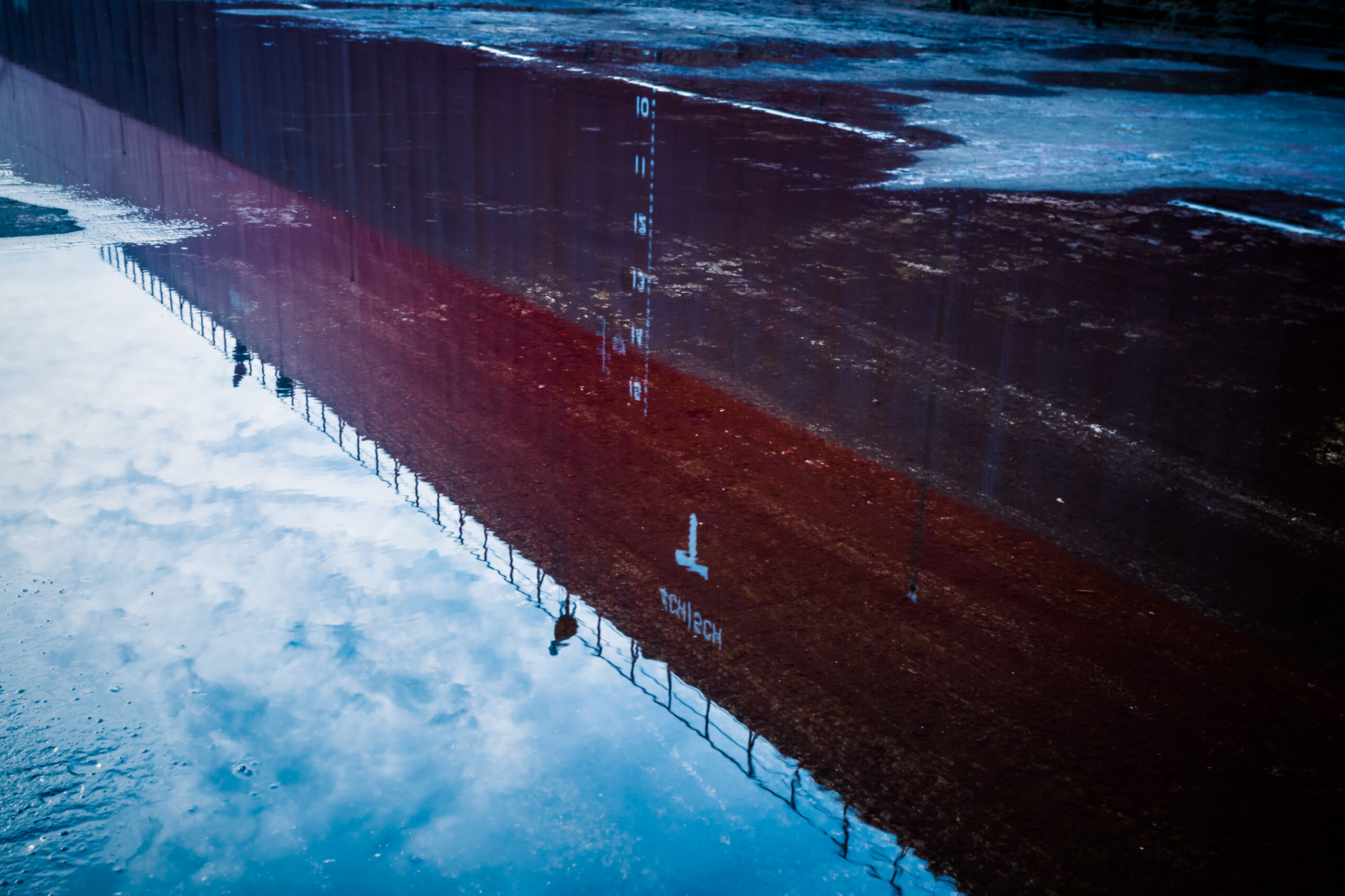 Reflection of building in puddle on street.