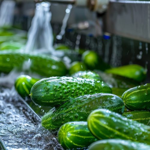 Washing Many Cucumbers, Cucumbers Automated Washing Line, Vegetable Sorting on Conveyor, Food Industry, Automatic Technology, Generative AI Illustration