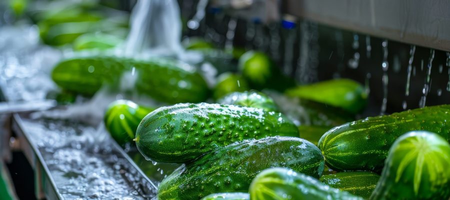 Washing Many Cucumbers, Cucumbers Automated Washing Line, Vegetable Sorting on Conveyor, Food Industry, Automatic Technology, Generative AI Illustration