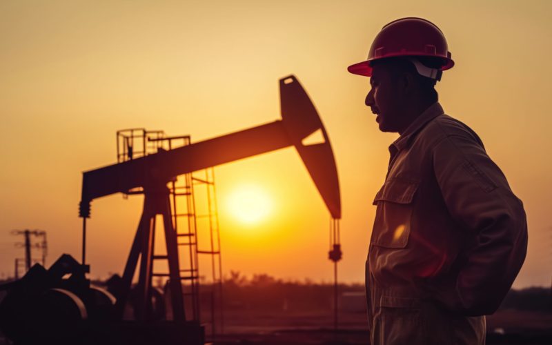 Worker and oil rig in sunset